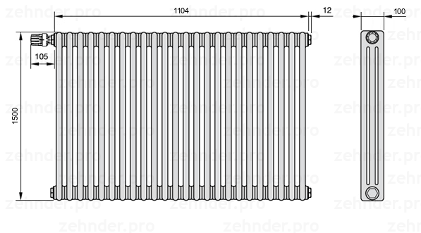 Схема (чертеж) Радиатор Zehnder Charleston 3150/24 №V012 Белый глянцевый RAL 9016